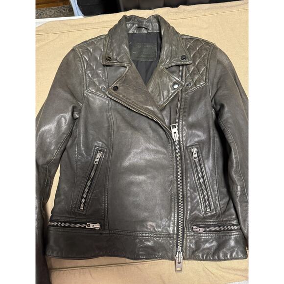 AllSaints Leather Biker Jacket Womens 4 Gray Conroy Quilted Shoulders Moto Zip - Picture 14 of 15